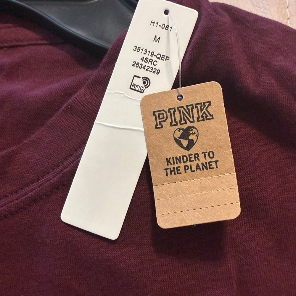 PINK Victoria’s Secret Maroon Long Sleeve T-shirt Oversized Relaxed Fit, Size M - Picture 14 of 15